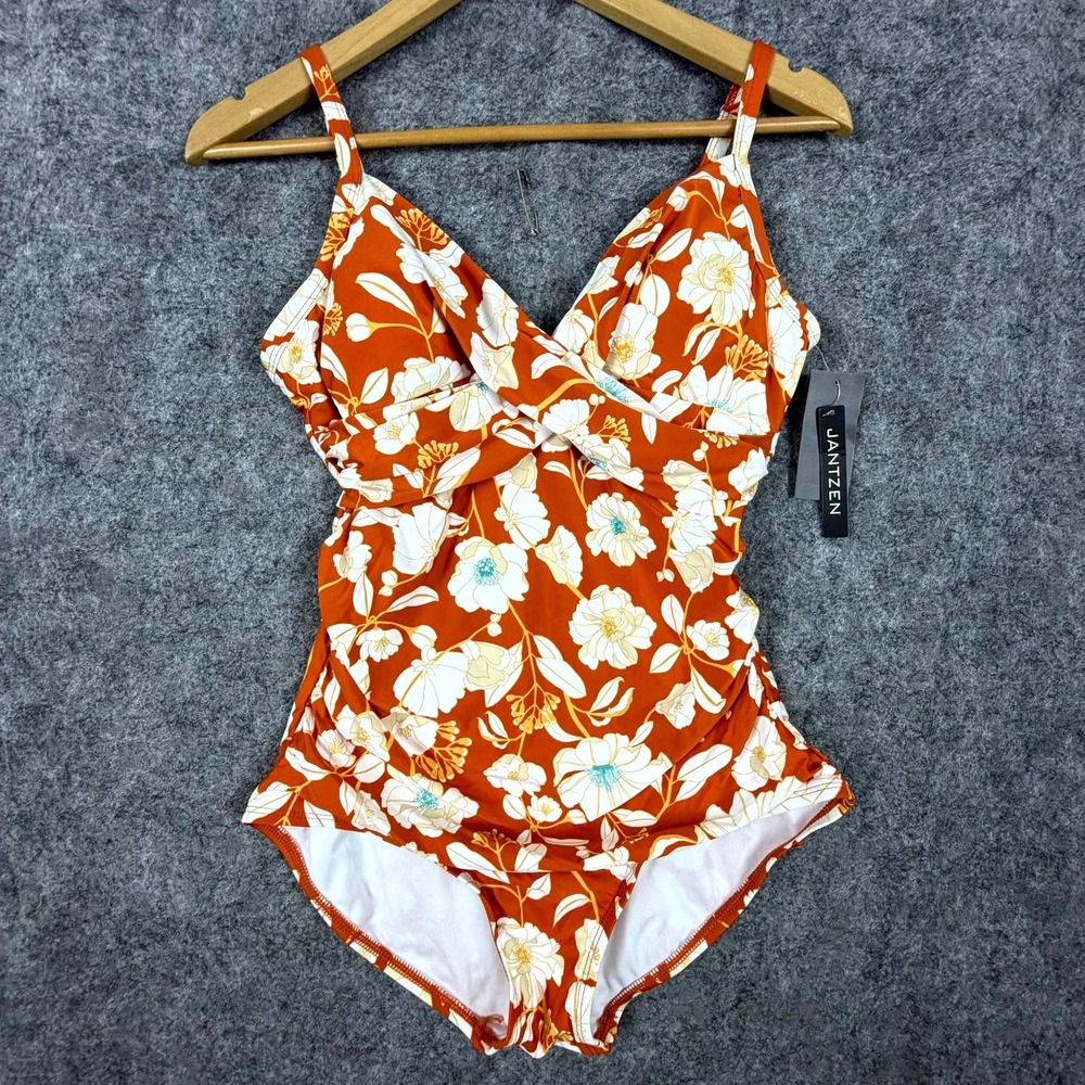 Jantzen One-Piece Swimsuit Womens 8 Dark Orange Terracotta Floral Flattering